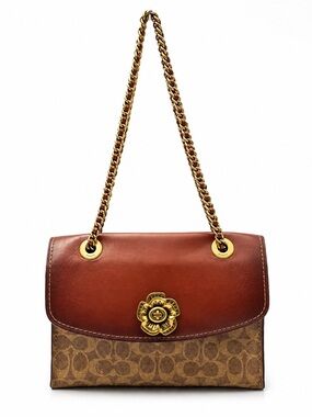 Coach Parker Brown Leather & Signature Canvas Floral-Clasp Chain Crossbody Bag